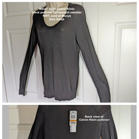 NWT Calvin Klein black pullover lightweight Sweater, Size S, Scoop neck, Sleeves - Picture 9 of 11